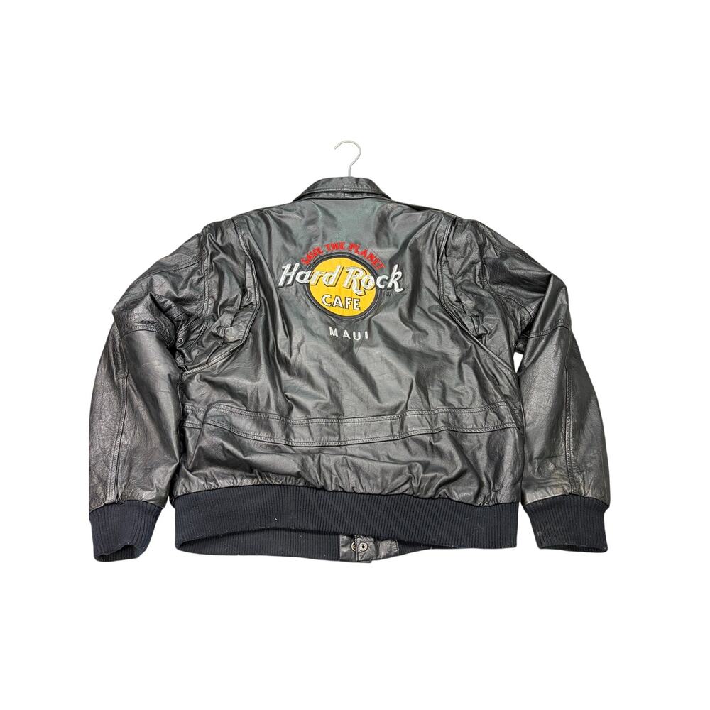 VTG Hard Rock Cafe Maui black leather jacket Size L. back embroidered logo patch